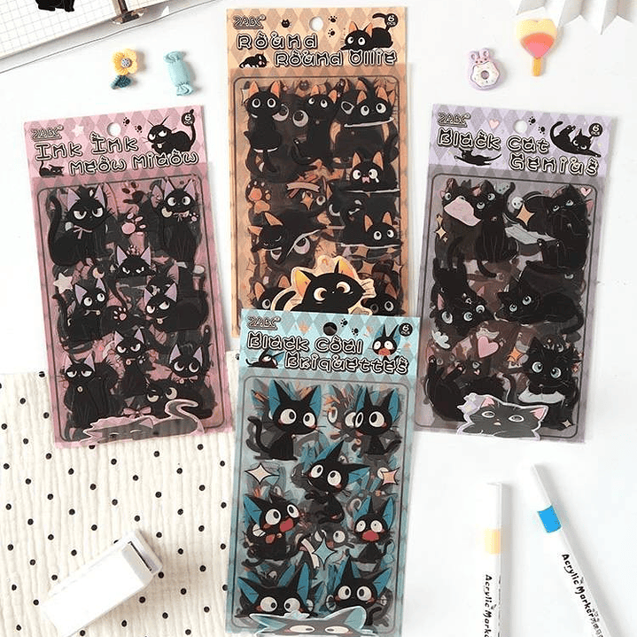 Set de 6 hojas de Stickers Gatos Negros  2