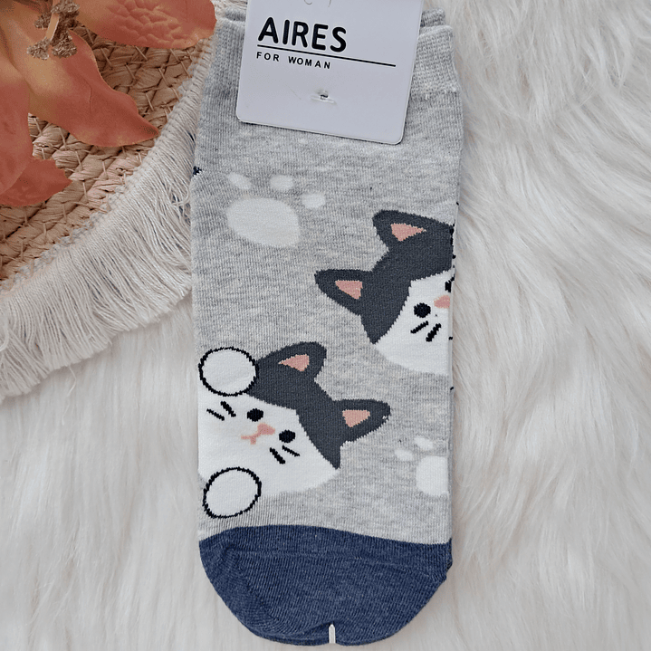 Calcetines Soquetes Gato Blanco con Gris 1