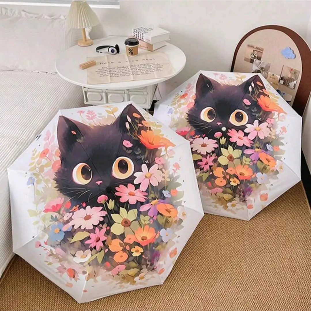 Paraguas de Cartera Gato Negro y Flores 1