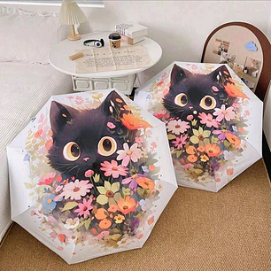 Paraguas de Cartera Gato Negro y Flores