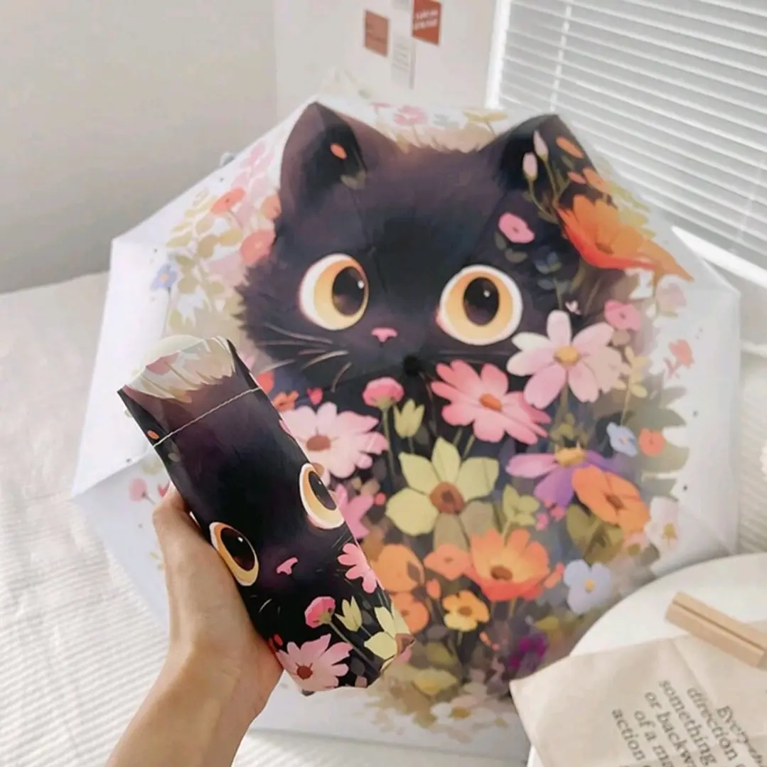Paraguas de Cartera Gato Negro y Flores 3