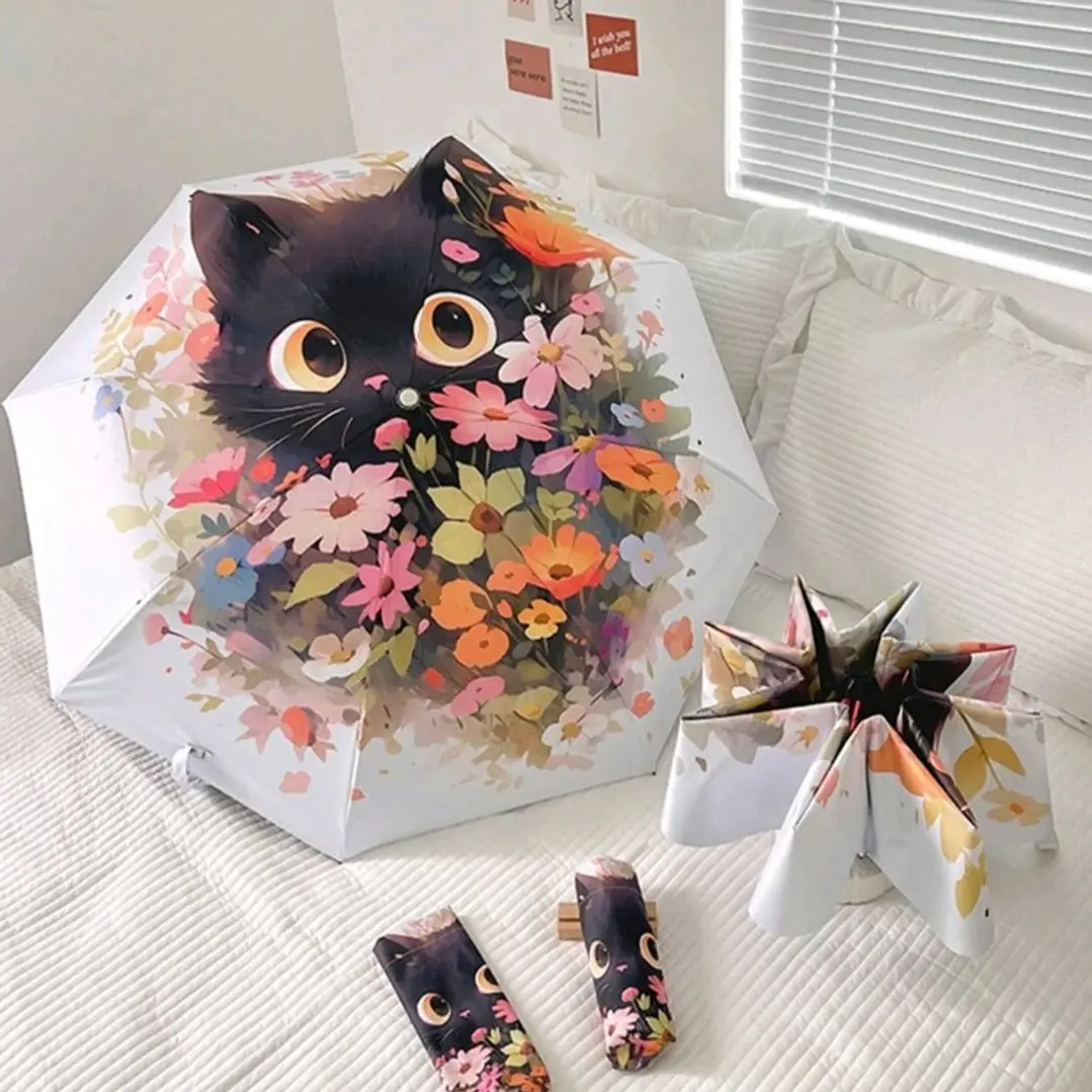 Paraguas de Cartera Gato Negro y Flores 2