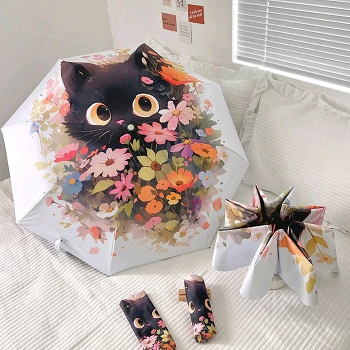 Paraguas de Cartera Gato Negro y Flores 2