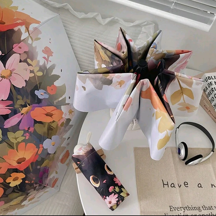 Paraguas de Cartera Gato Negro y Flores 4