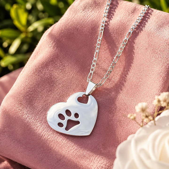 Collar Acero Patita Gatuna y Corazón  1