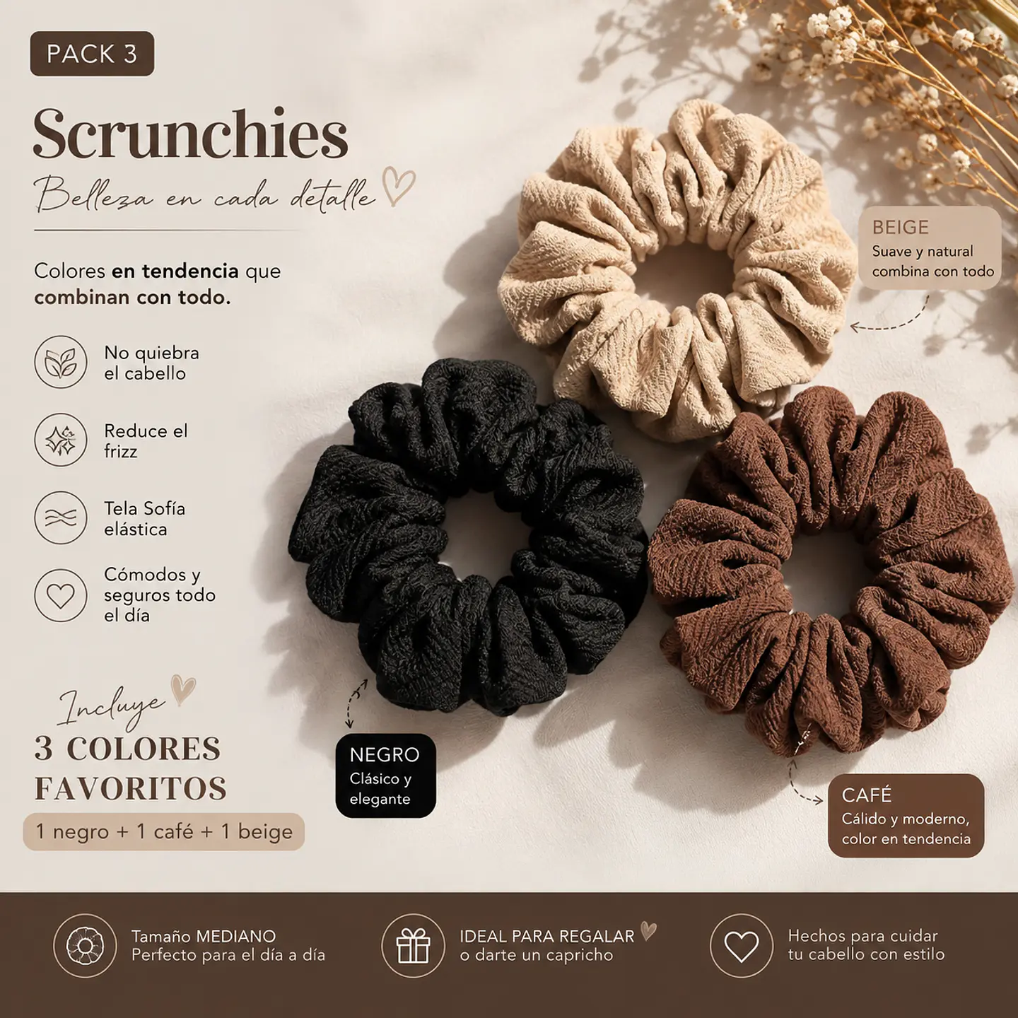 Pack 3 Scrunchies Medianos Tela Sofía – Negro, Café y Beige 5