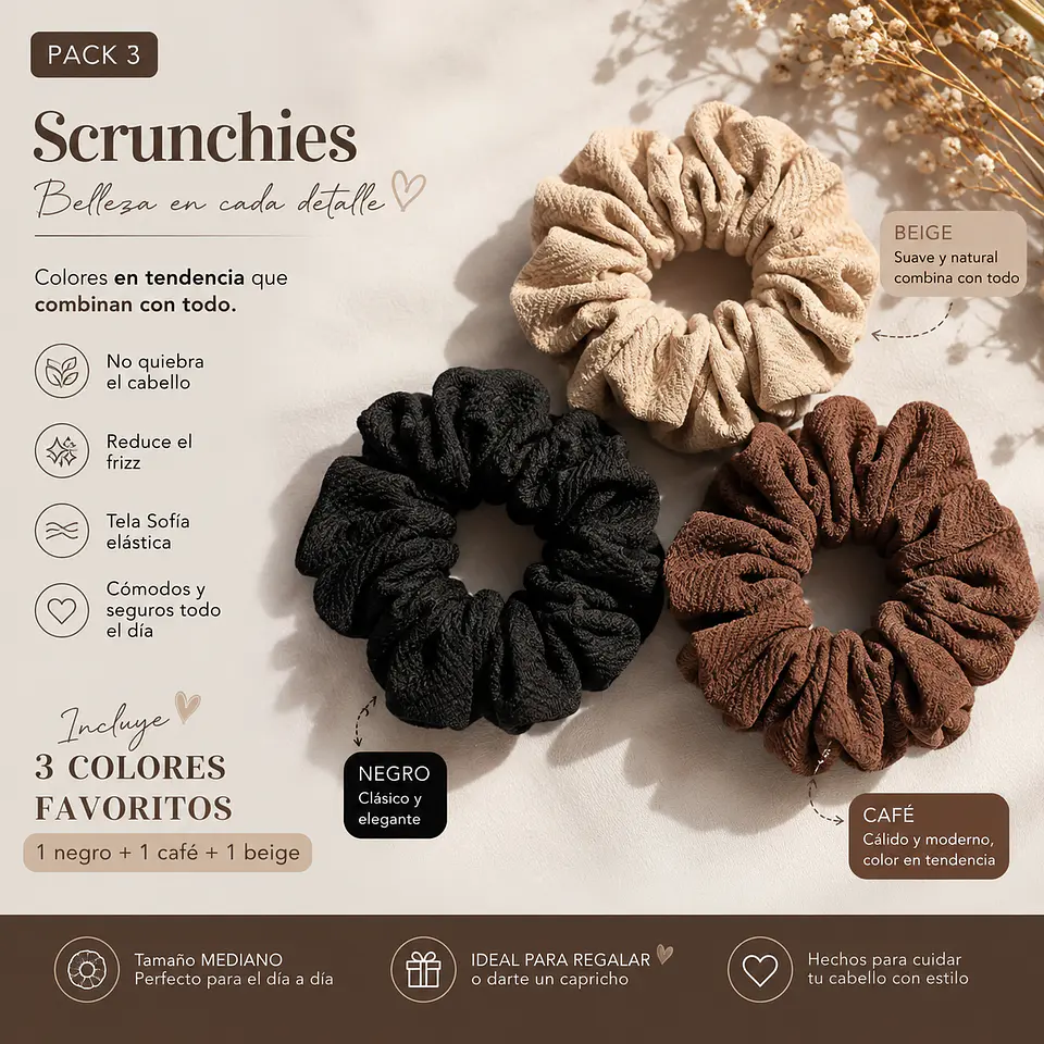 Pack 3 Scrunchies Medianos Tela Sofía – Negro, Café y Beige 5