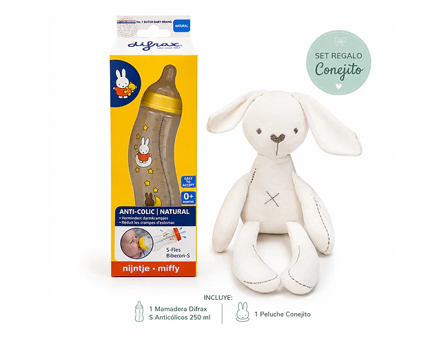 Set Regalo Conejito Mamadera Difrax S Anticólicos 250 ml + Peluche Conejo