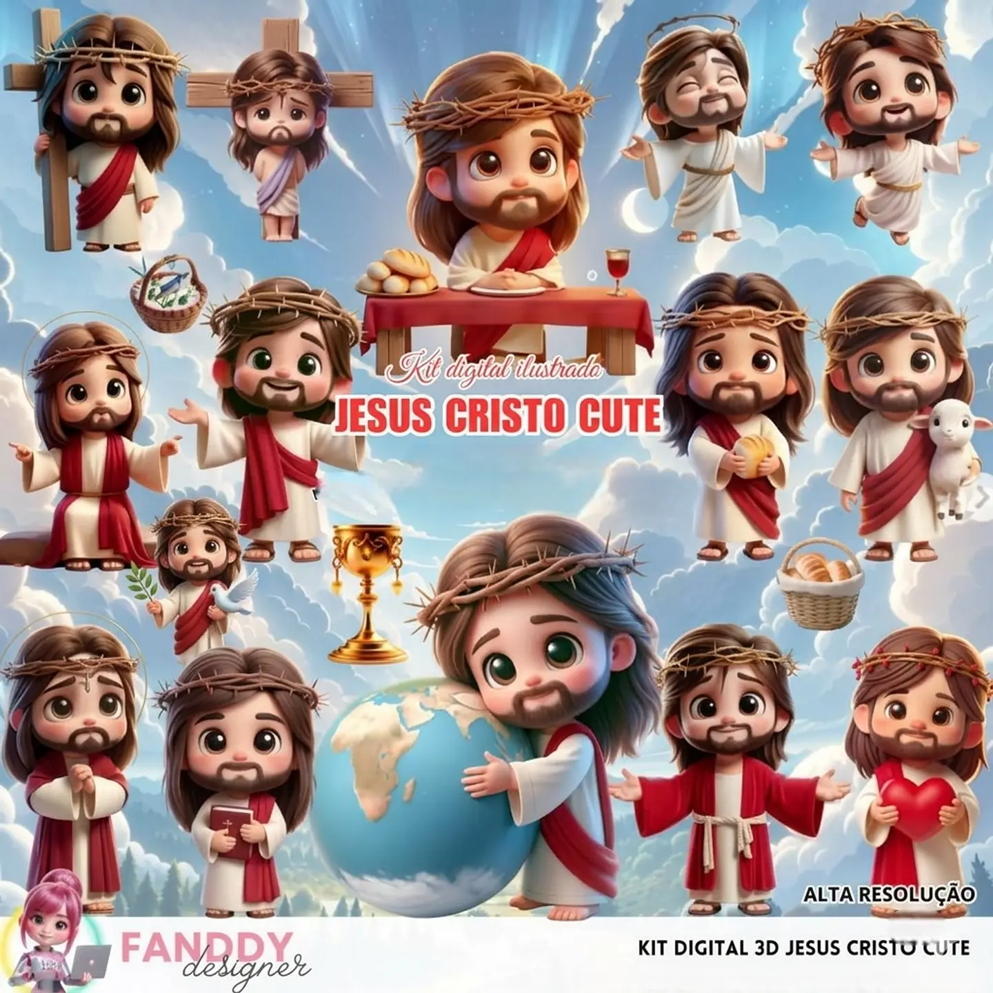 Arquivo Kit Digital Jesus Cristo Cute 3D - Funddy Designer 1