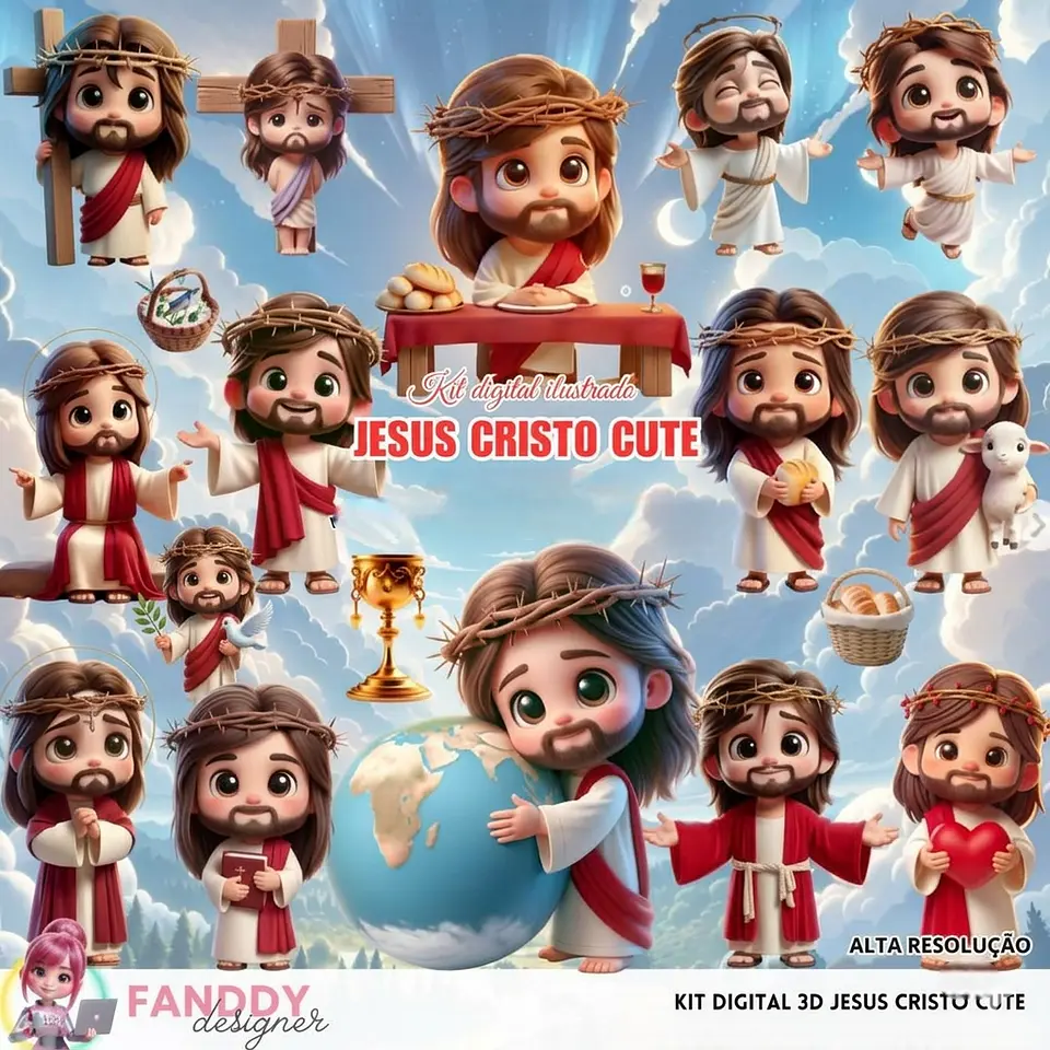 Arquivo Kit Digital Jesus Cristo Cute 3D - Funddy Designer 1