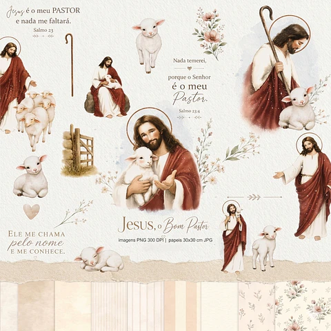 Kit Digital O Bom Pastor Aquarela - Carinaspaper