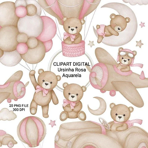 Clipart Kit Digital Chá de Bebê Ursinha Rosa - Tanya Arts Designer   
