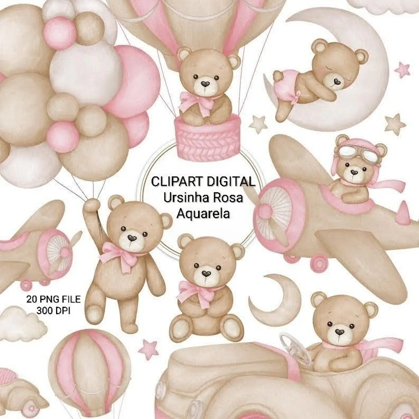 Clipart Kit Digital Chá de Bebê Ursinha Rosa - Tanya Arts Designer    1