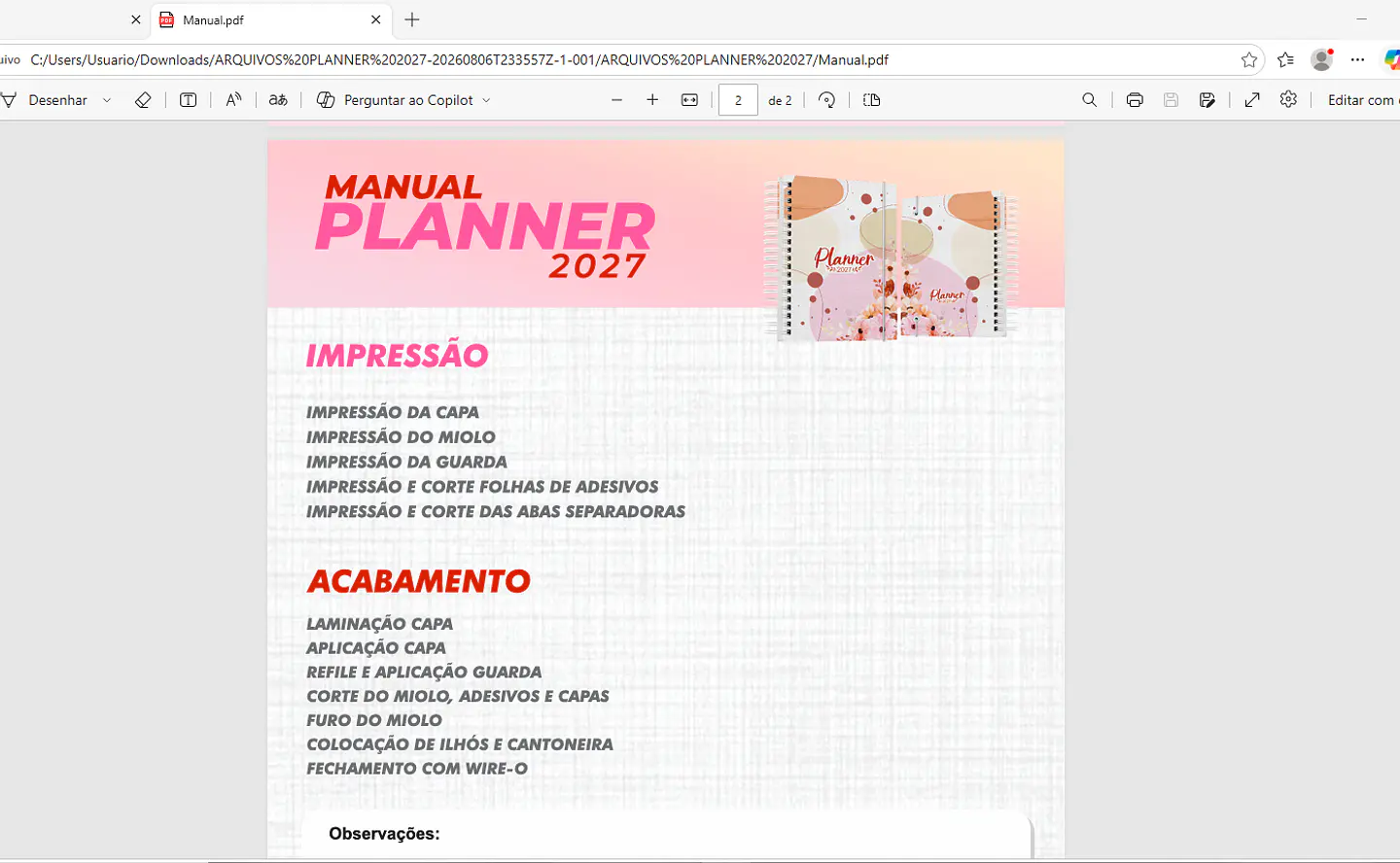Encadernação Pacote Planner 2027 2