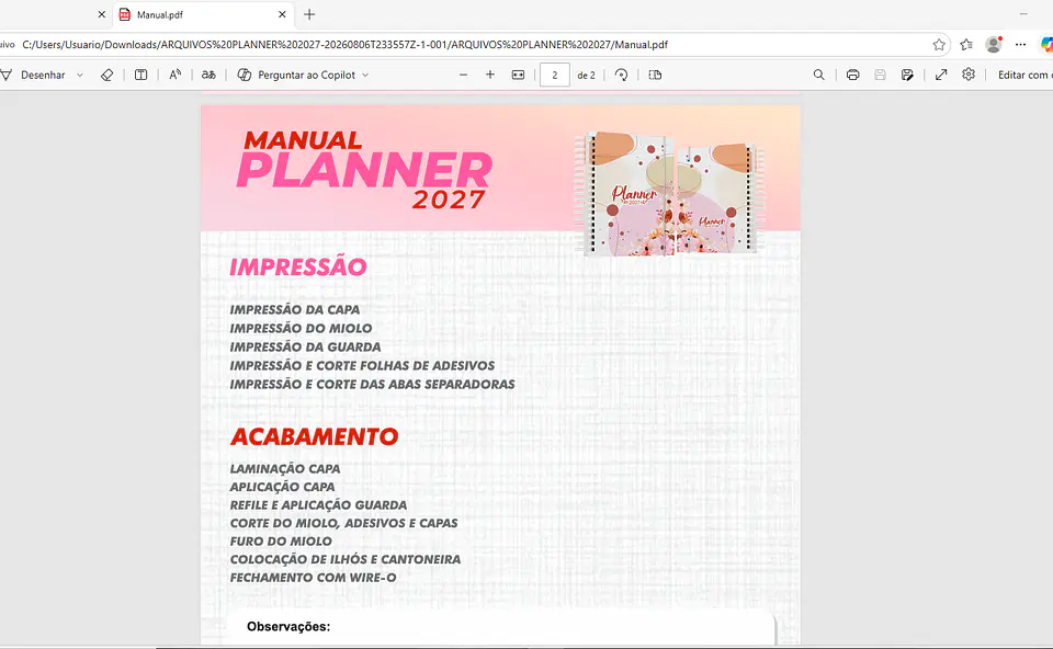 Encadernação Pacote Planner 2027 2