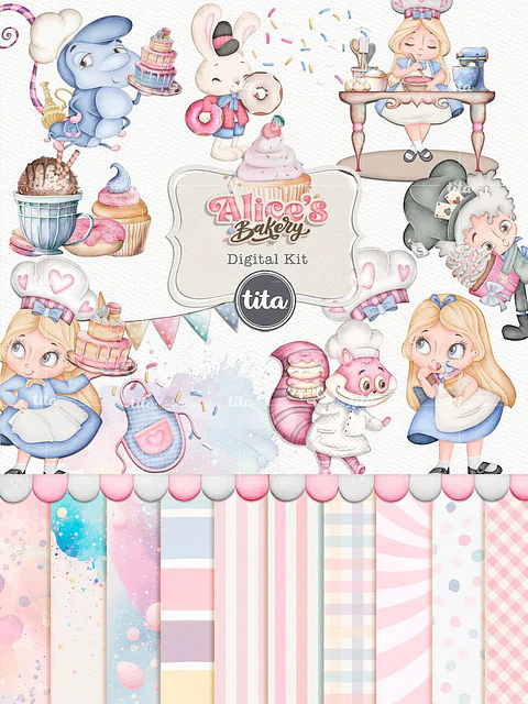 Kit Digital Doceria Da Alice Aquarela - Combo Ilustrações e Papéis - Tita