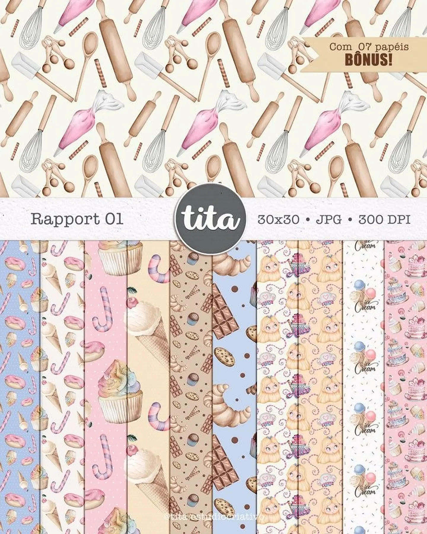 Kit Digital Doceria Da Alice Aquarela - Combo Ilustrações e Papéis - Tita 6