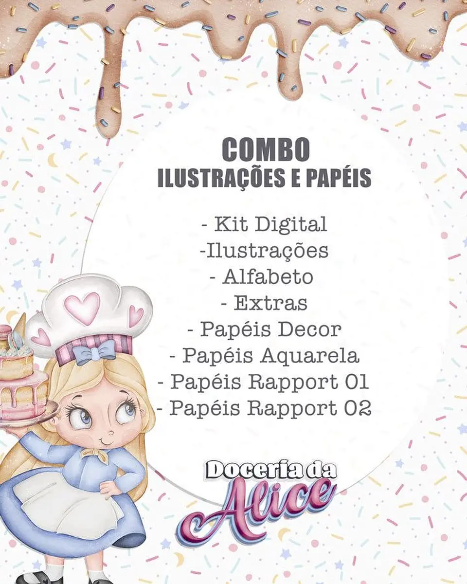 Kit Digital Doceria Da Alice Aquarela - Combo Ilustrações e Papéis - Tita 3