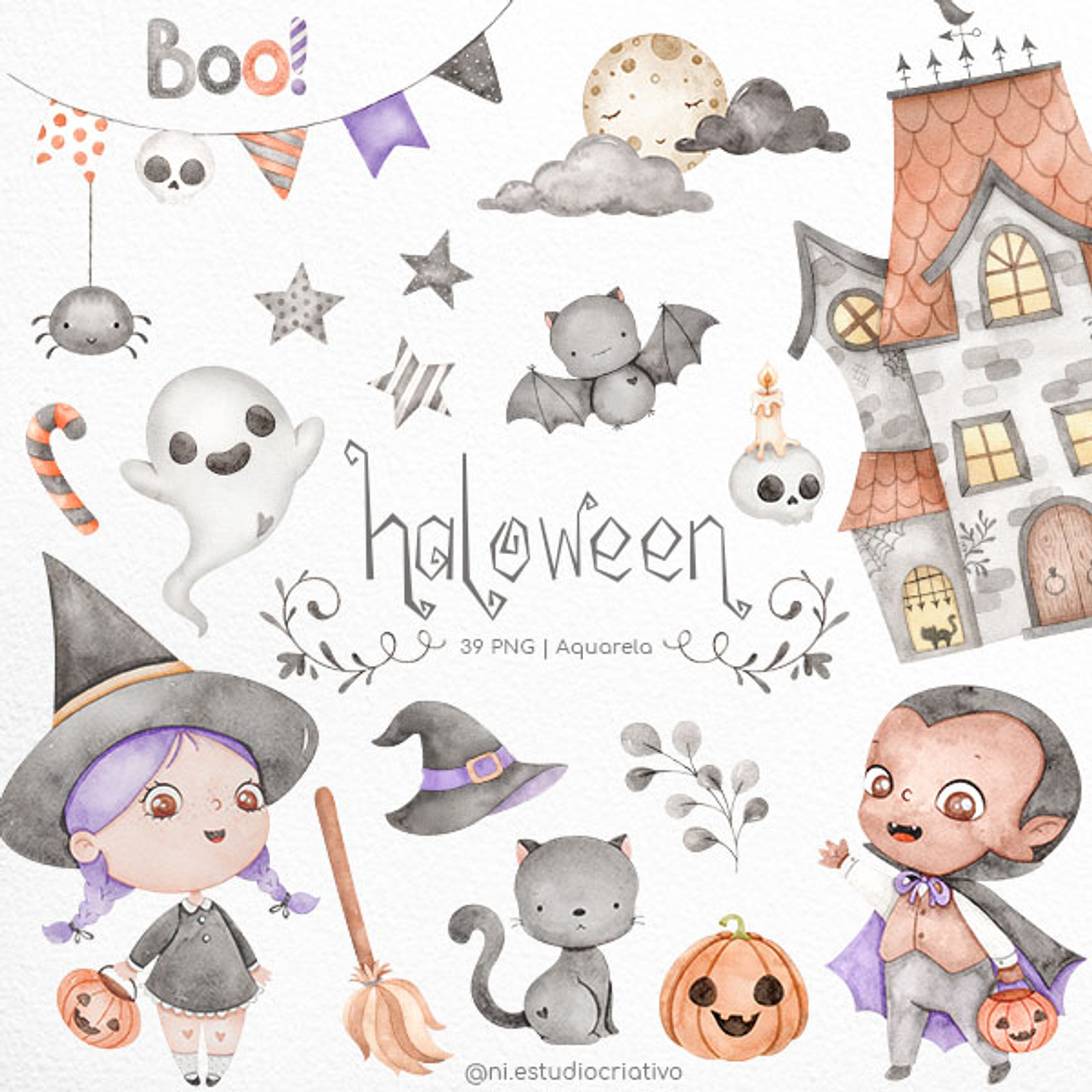 Clipart Kit Digital Halloween Aquarela - Ni Estudio