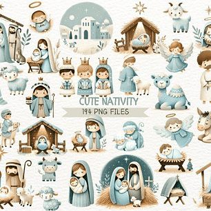Clipart Kit Digital Natal Presépio Fofo Azul e Nude