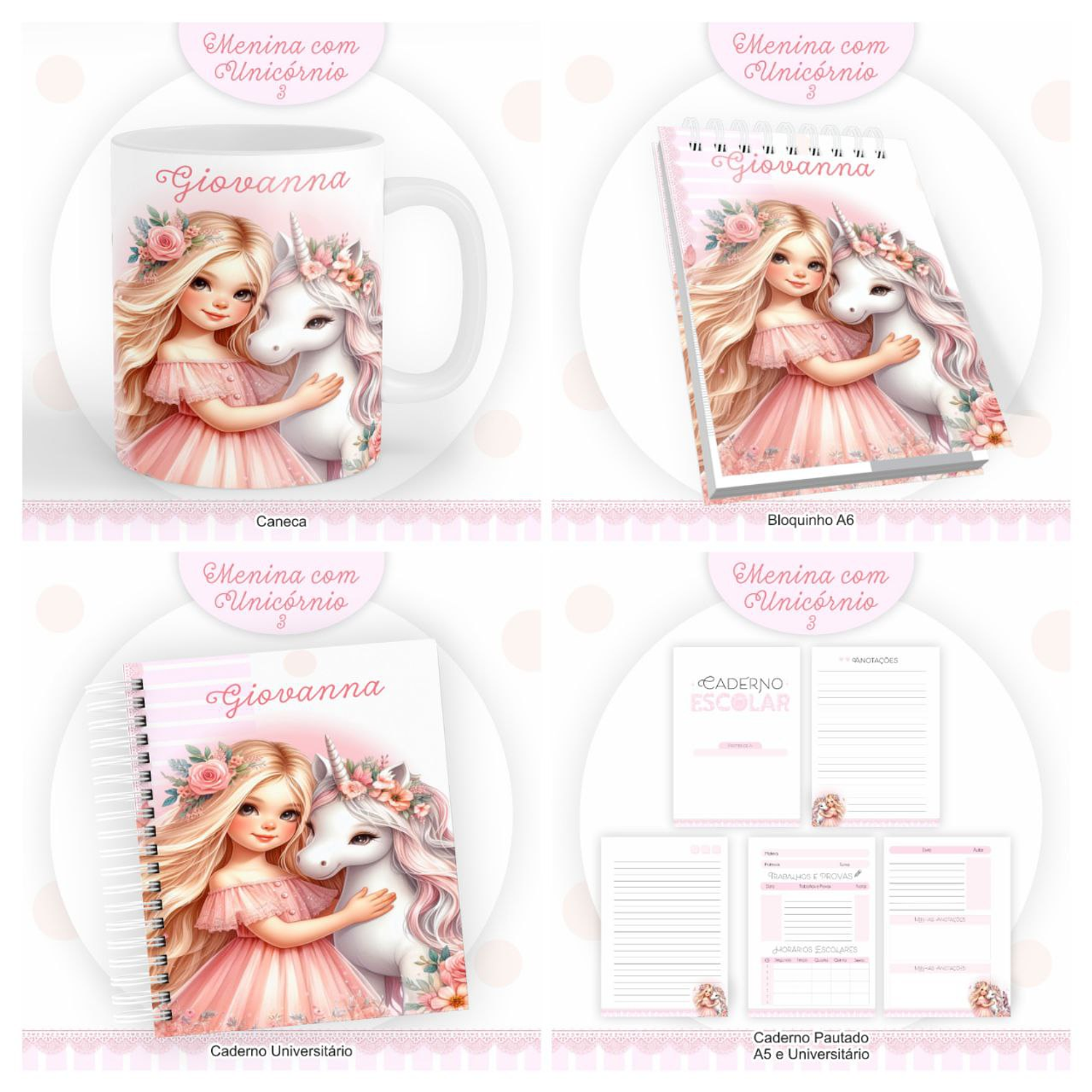 Encadernação Kit Escolar E Caderneta De Saúde Menina Com Unicórnio 2