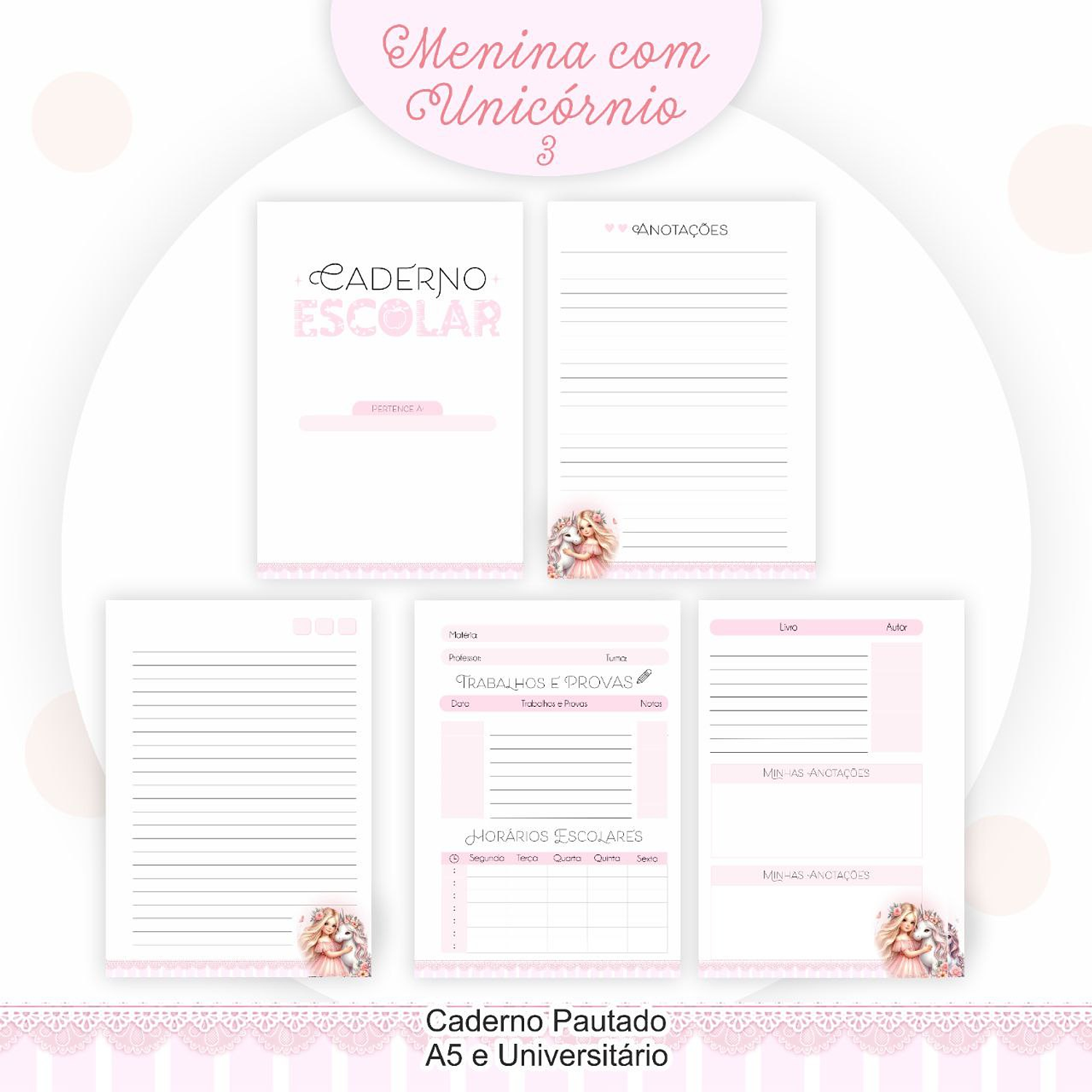 Encadernação Kit Escolar E Caderneta De Saúde Menina Com Unicórnio 5