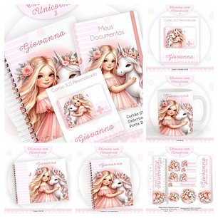 Encadernação Kit Escolar E Caderneta De Saúde Menina Com Unicórnio