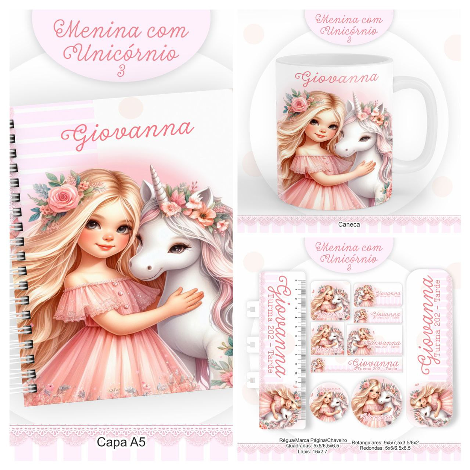 Encadernação Kit Escolar E Caderneta De Saúde Menina Com Unicórnio 3