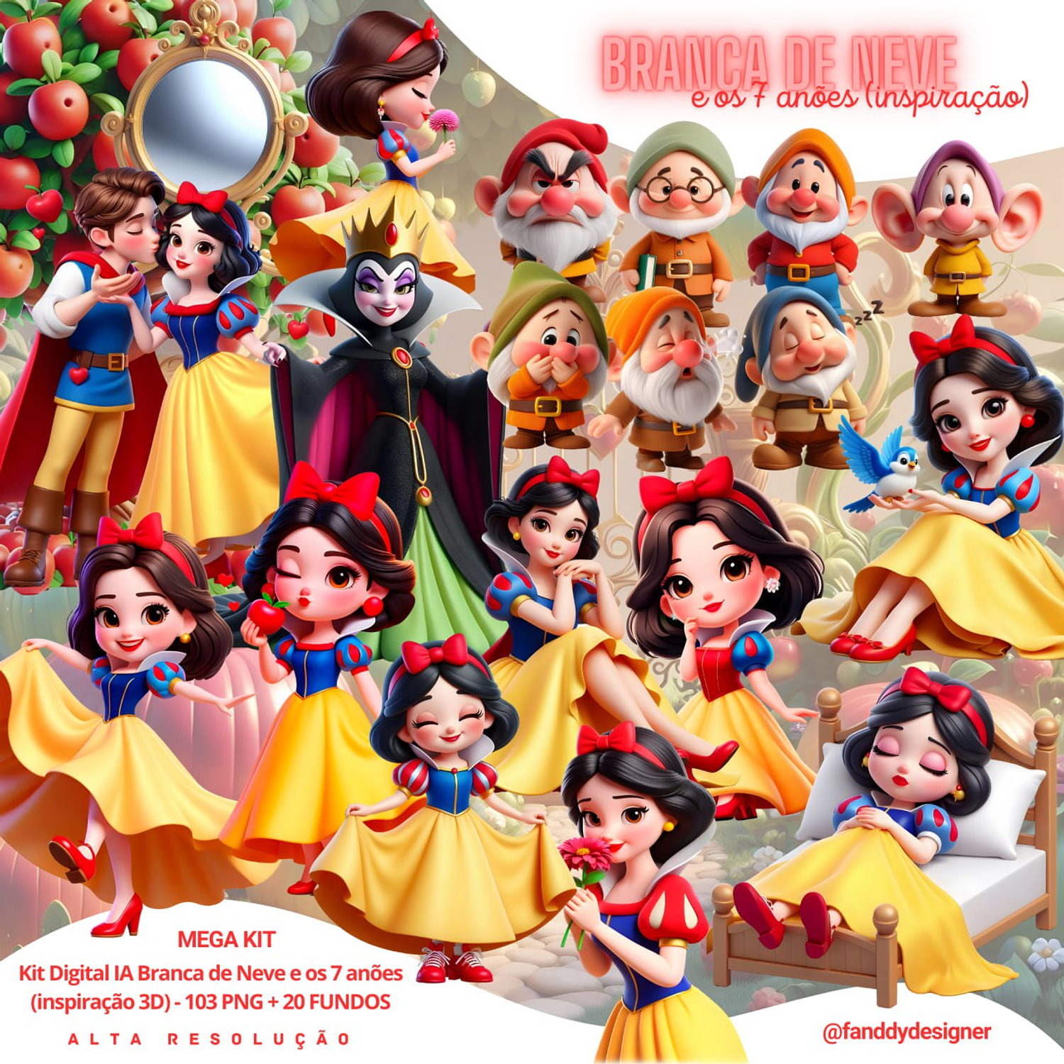 Kit Digital Branca de Neve e Sete Anões 3D - Fanddy Designer  1