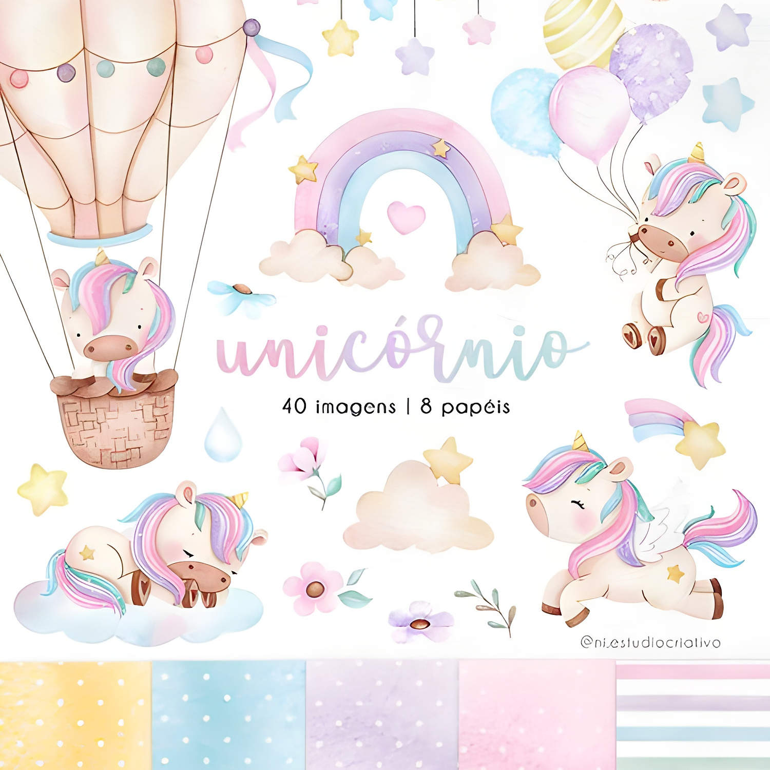 Arquivo Kit Digital Unicórnio Aquarela - Ni estudio 1