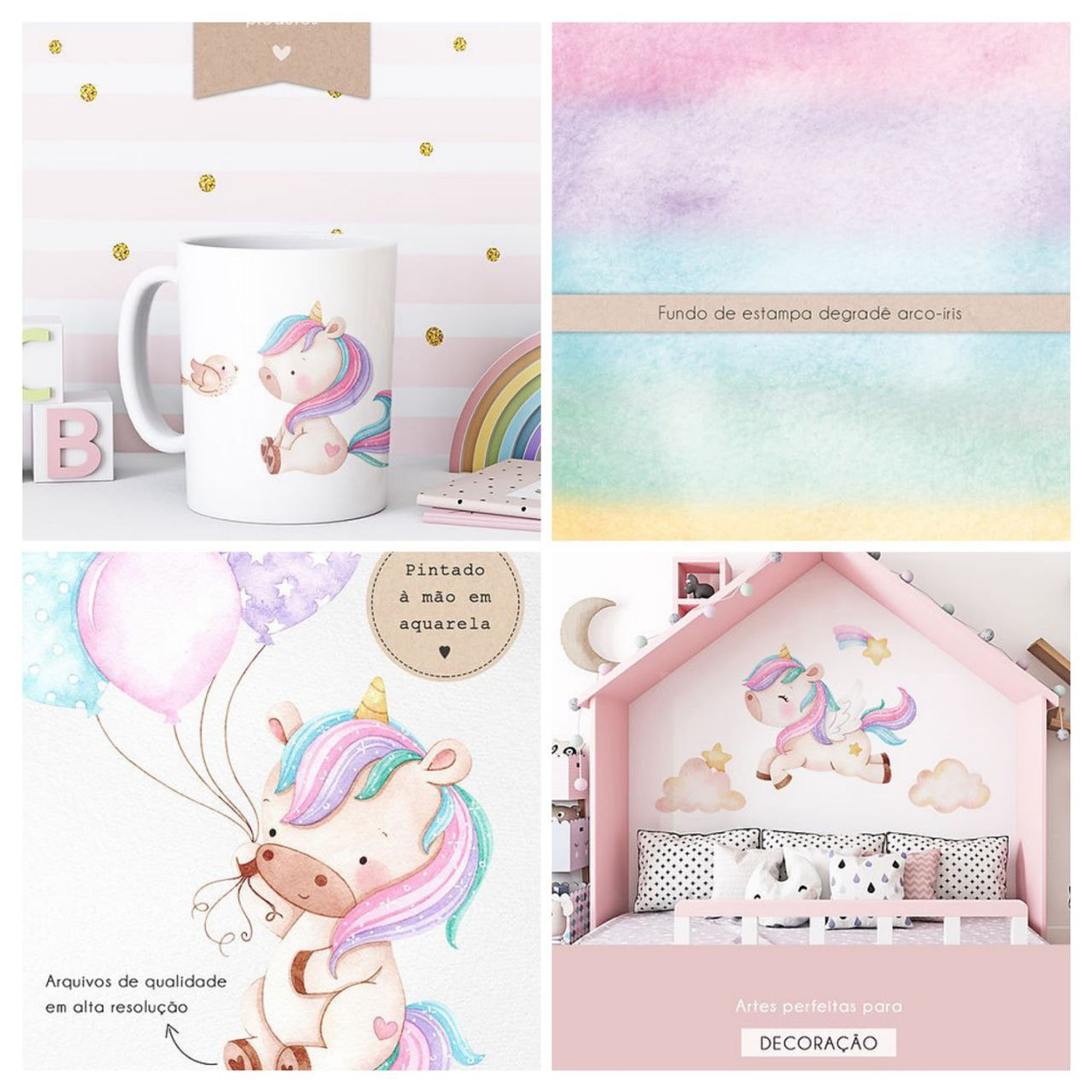 Arquivo Kit Digital Unicórnio Aquarela - Ni estudio 5