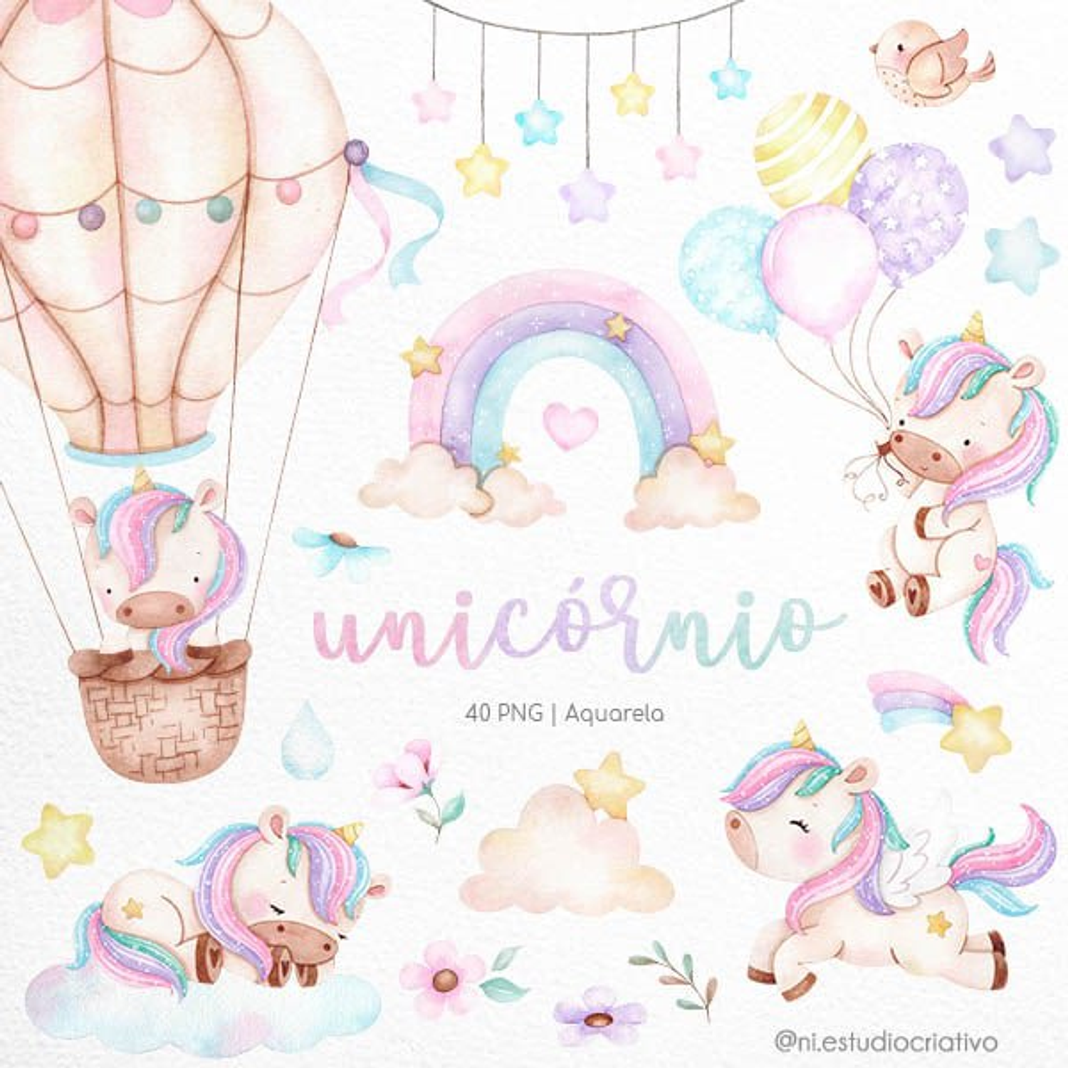 Arquivo Kit Digital Unicórnio Aquarela - Ni estudio 6