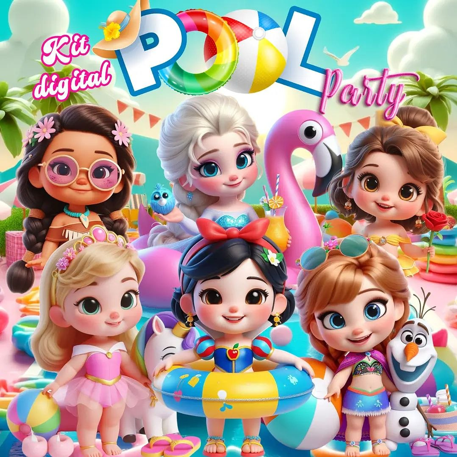 Arquivo Kit Digital Pool Party Princesas 3D - Caramelo Designer 1