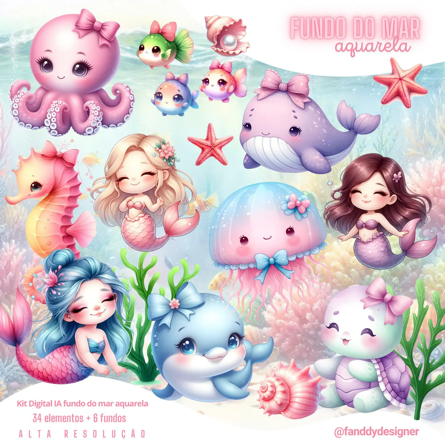 Kit Digital Fundo Do Mar Rosa Aquarela - Fanddy Designer 