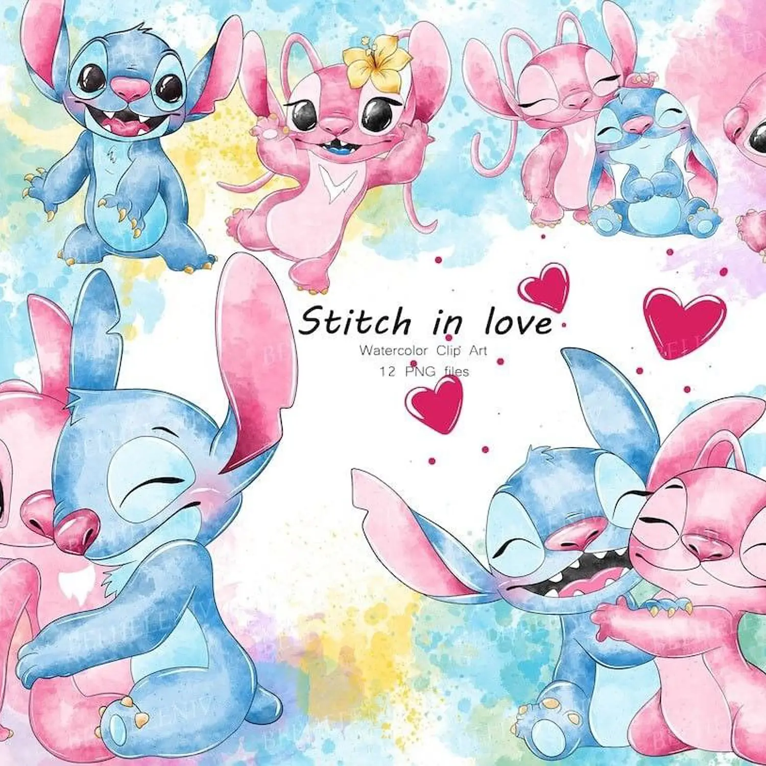 Clipart Kit Digital Angel e Stitch Aquarelado