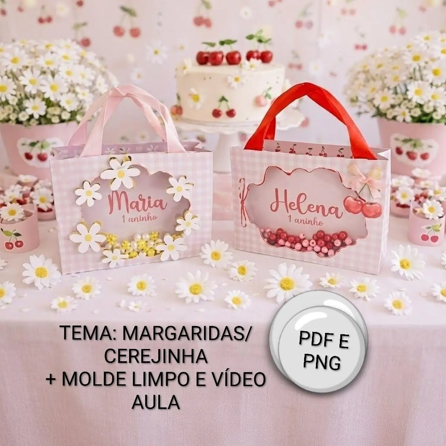 Arquivo Sacolas Shaker luxo Cerejinha e Margaridas Temas + Molde Limpo