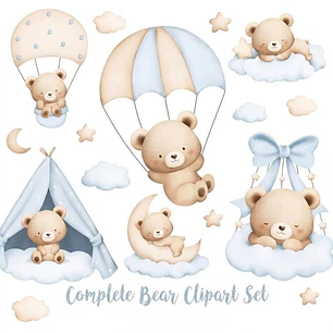 Clipart Kit Digital Ursinho De Pelúcia Aquarela Azul