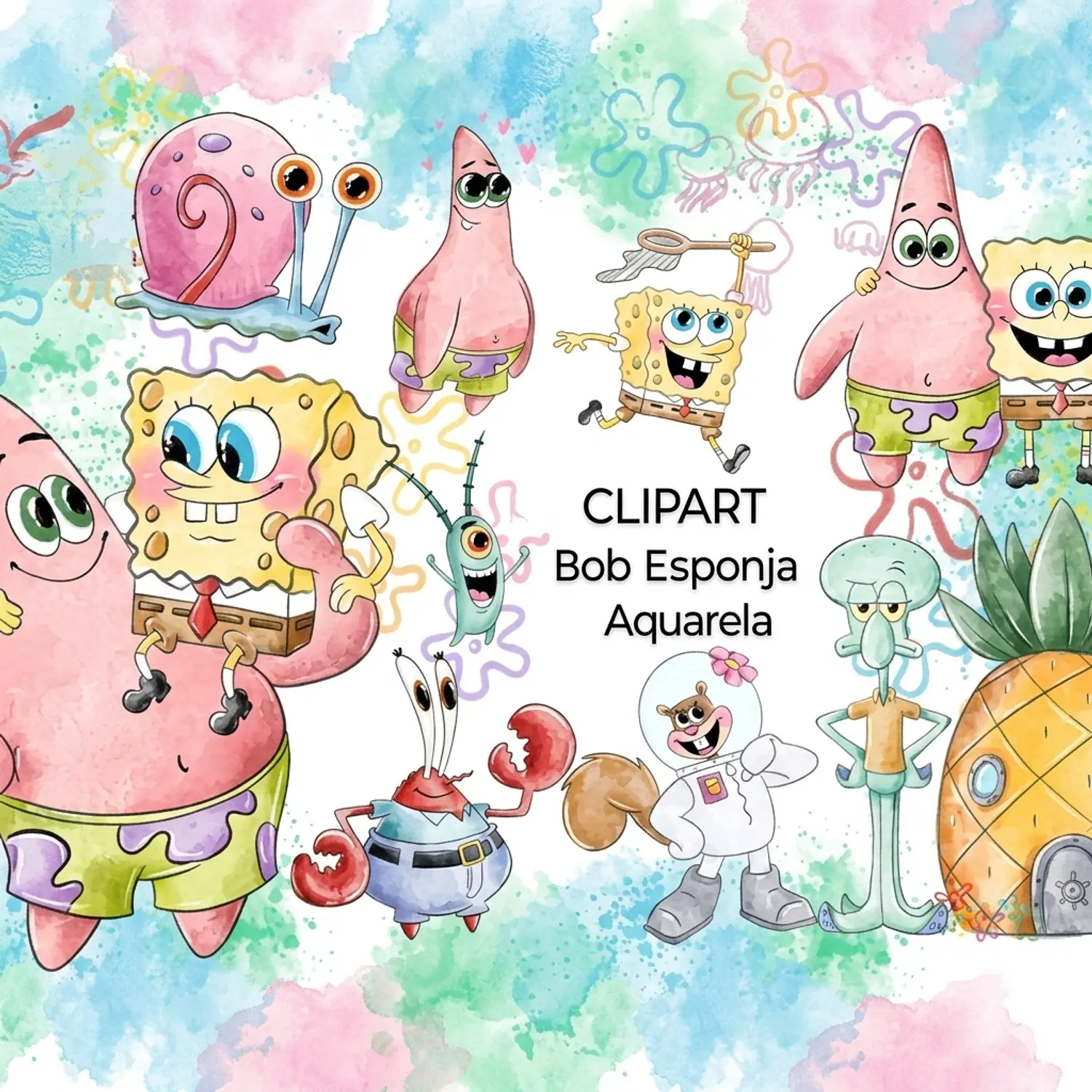 Clipart Kit Digital Bob Esponja Aquarela