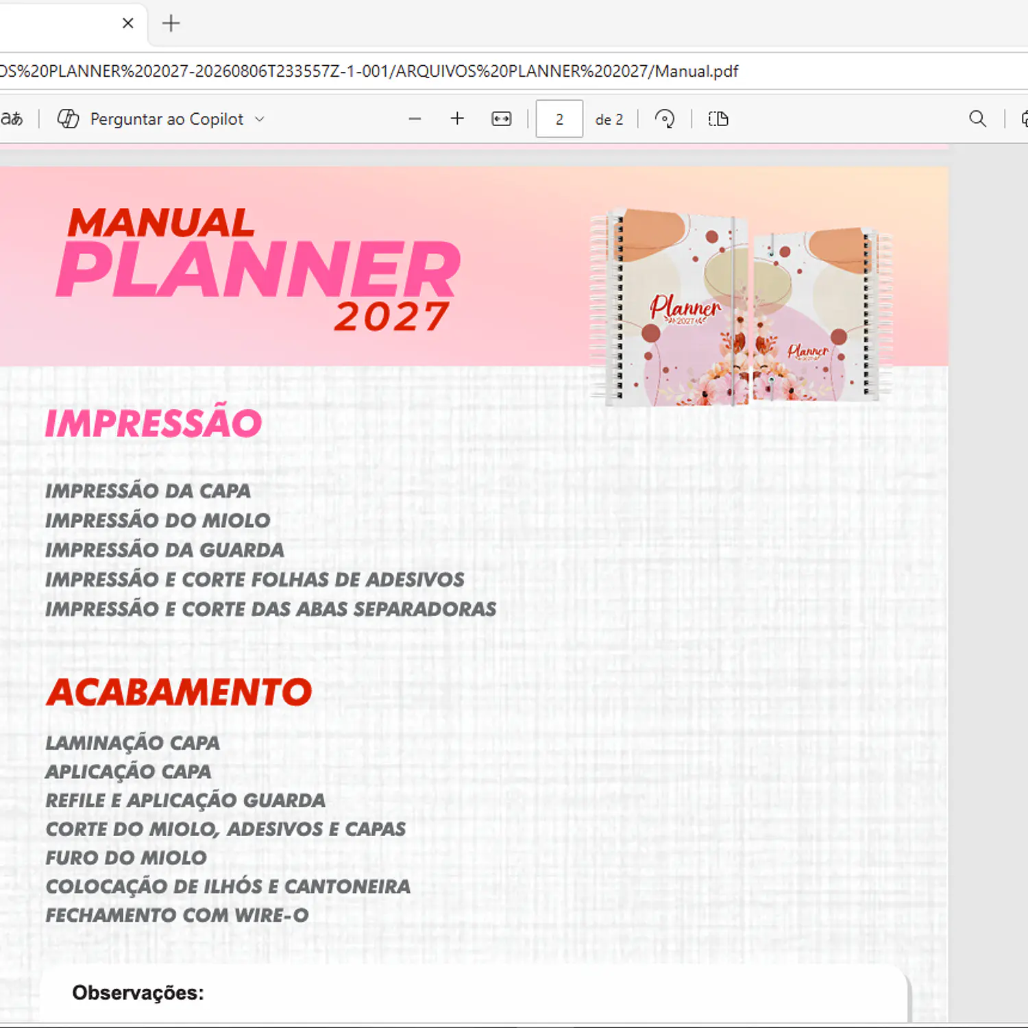 Encadernação Pacote Planner 2027 2