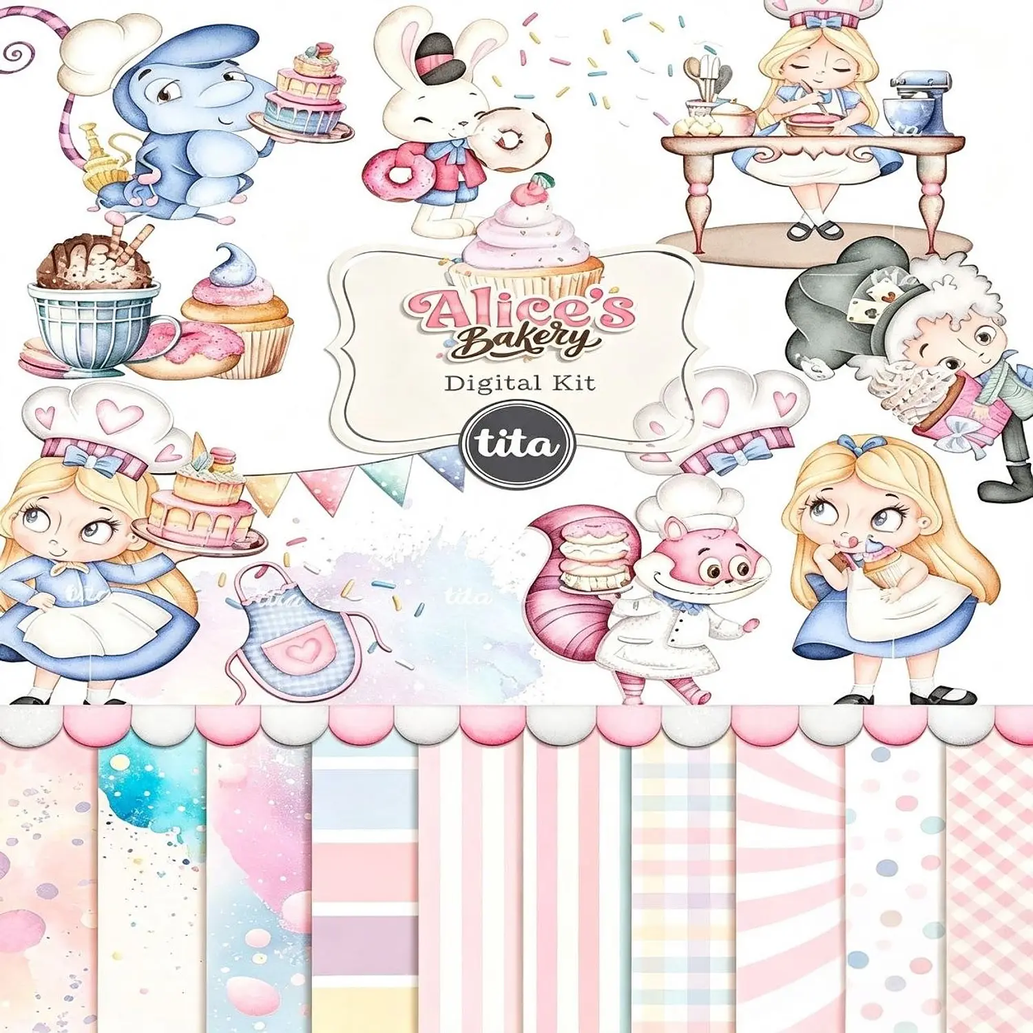 Kit Digital Doceria Da Alice Aquarela - Ilustrações e Papéis - Tita 1