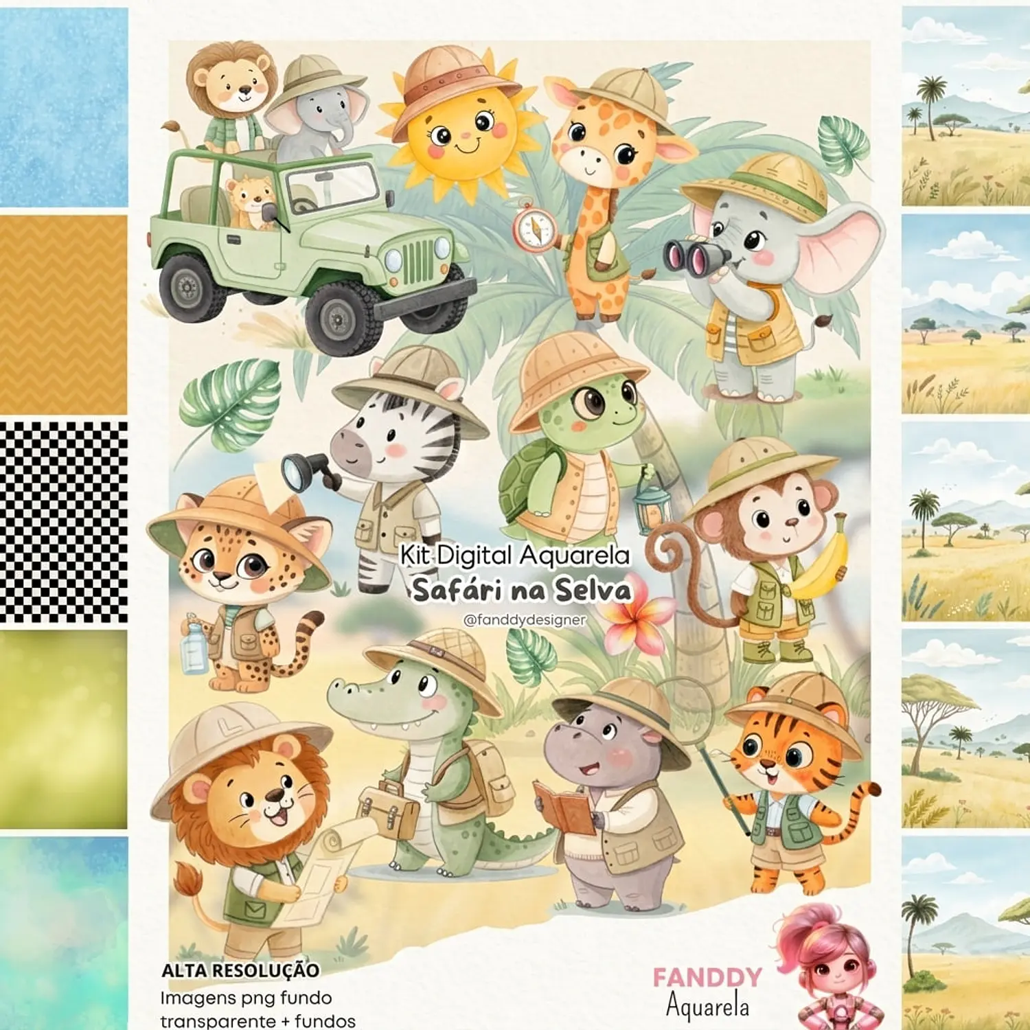Kit Digital Safári Na Selva Aquarela - Fanddy Designer