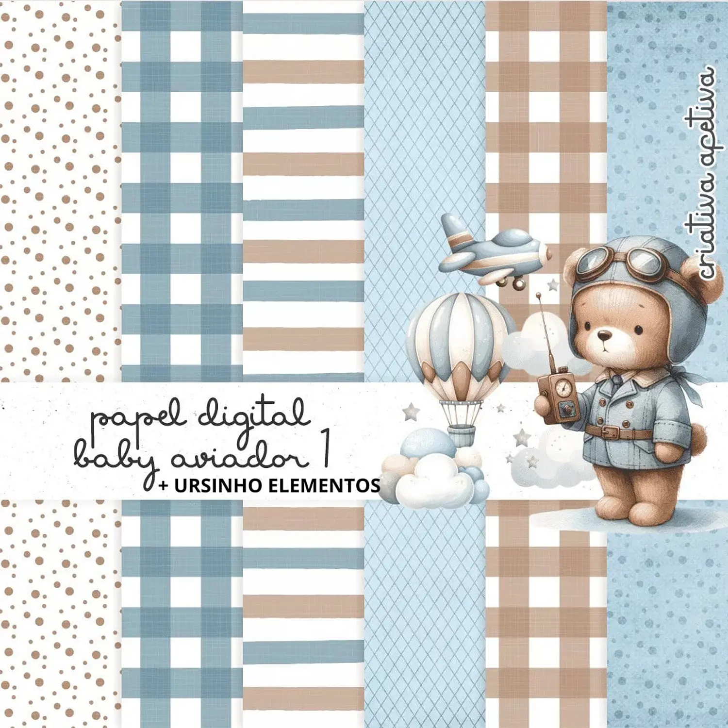 Kit Digital Urso Baby Aviador Papéis + Elementos Aquarela