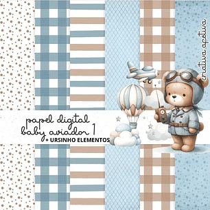 Kit Digital Urso Baby Aviador Papéis + Elementos Aquarela