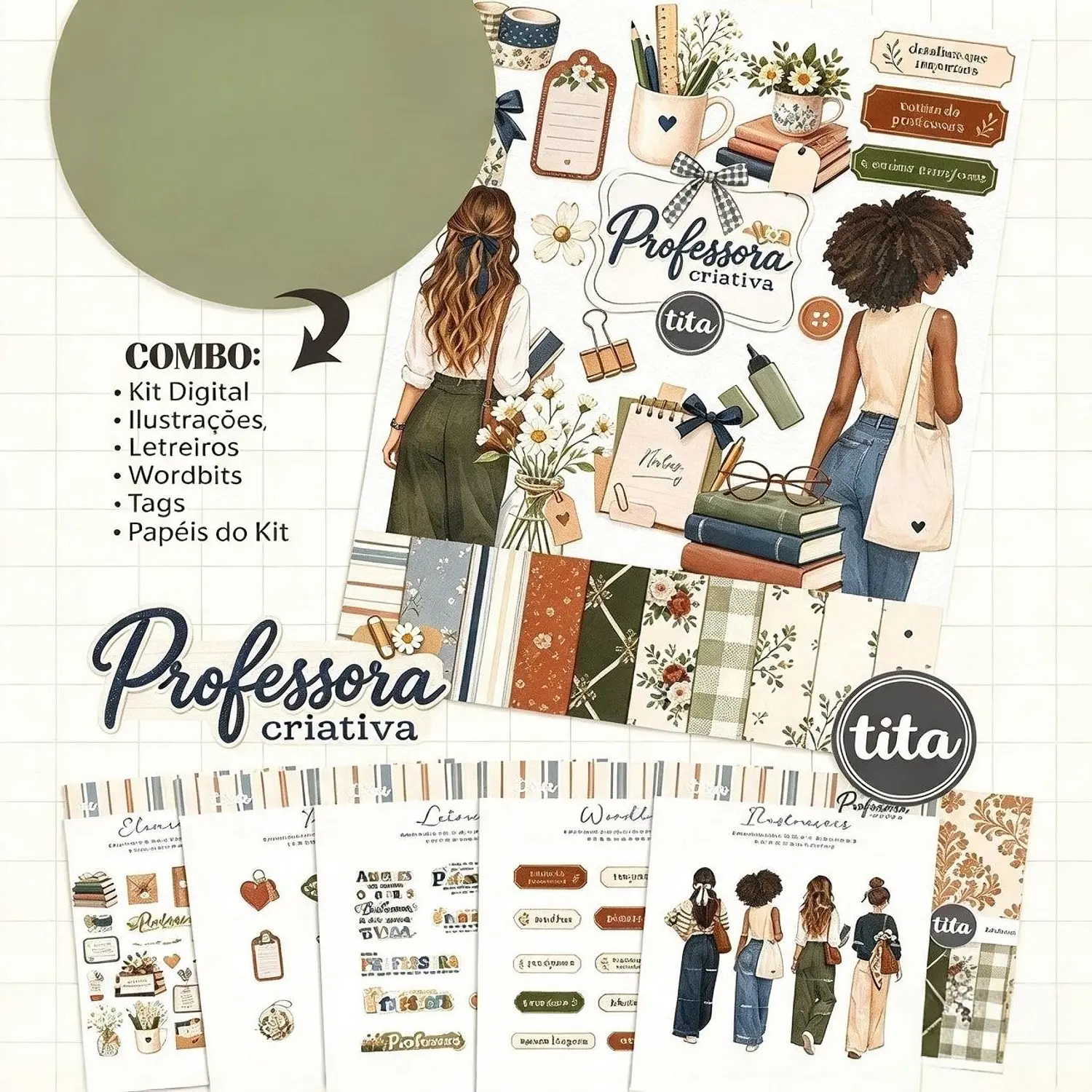 Kit Digital Combo Professora Criativa - Tons Nude e Verde - Tita 2