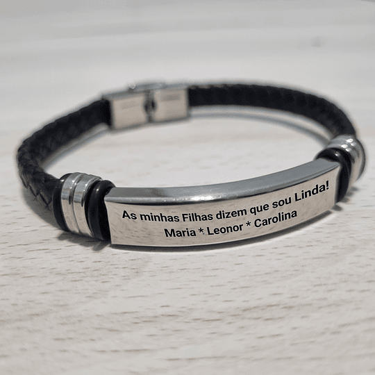 Pulseira QUALQUER TEXTO Personalizada por ti (aço e pele sintética) - Adulto 