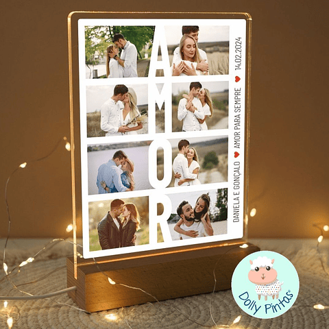 Placa Decorativa CANDEEIRO AMOR LED FOTOS Personalizado