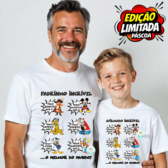 T-shirt PERSNAGENS DIVERTIDAS PADRINHO / AFILHADO - Edição Limitada Páscoa (Criança e Adulto)