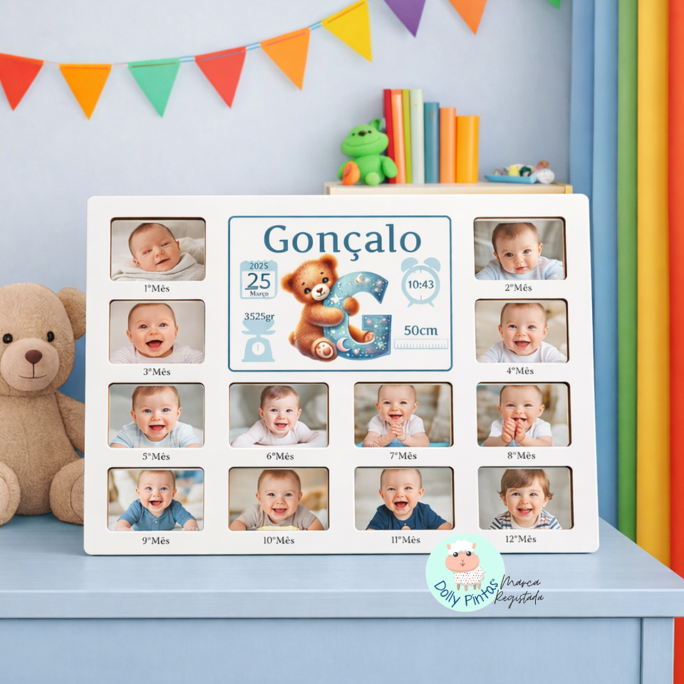 Moldura Primeiro Ano do Bebé com 12 Fotos Personalizada – Tema Urso 1