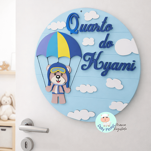 Placa de Quarto "Urso Paraquedista" Personalizada