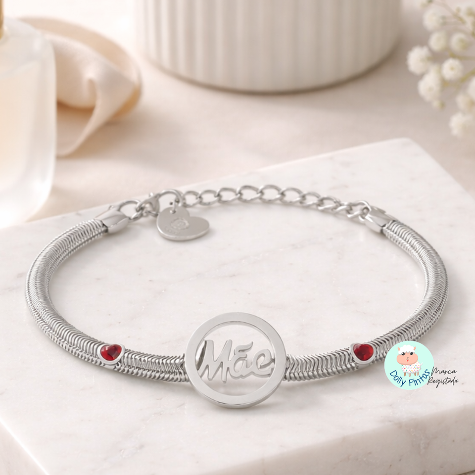 Pulseira e Colar Mãe Elegance com Corações em Aço Inoxidável 2